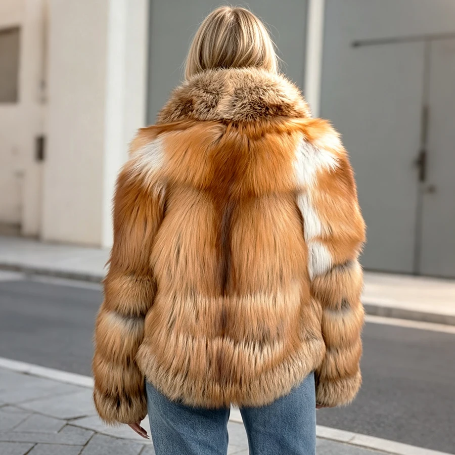 Woman's Real Fox Fur Overcoat With Collar Crop Red Fox Fur Jacket Winter Weave Fur Outerwear Fashionable Natural Fur Coat