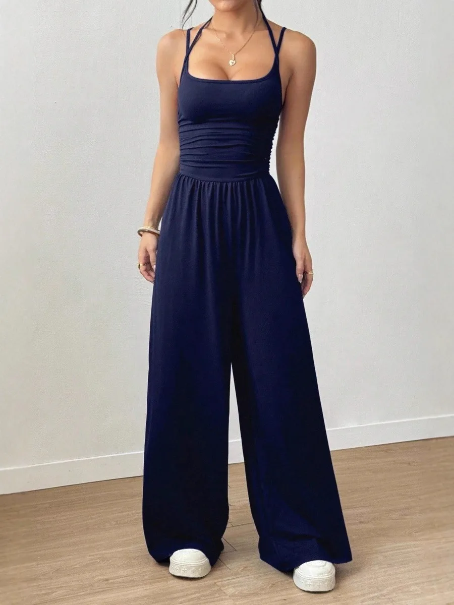 

Casual comfortable travel vacation daily wear body-hugging jumpsuit with a halter top