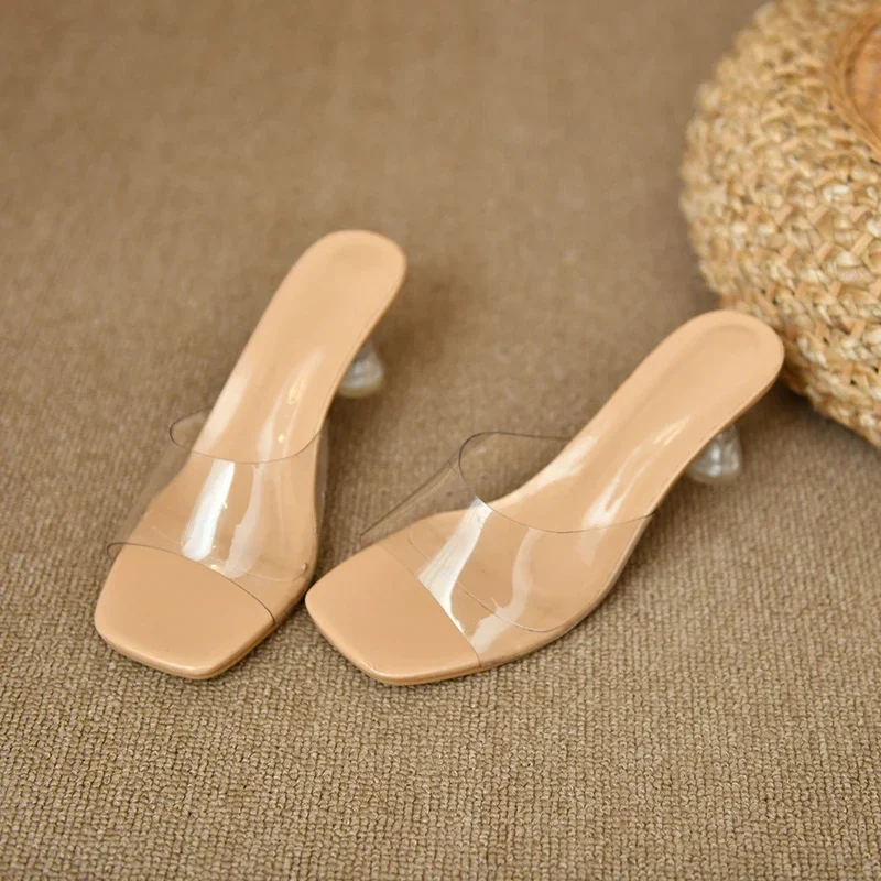 Transparent PVC Slip On Slippers  Wedge Sandals In Silver sleek square toe and flared heel  metallic color women shoes