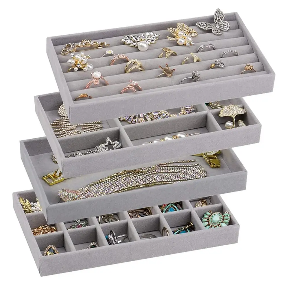 Boîte de rangement à bijoux empilable en velours pour boucles d'oreilles, plateau de présentation en velours pour tiroir, présentoir pour bagues et bracelets