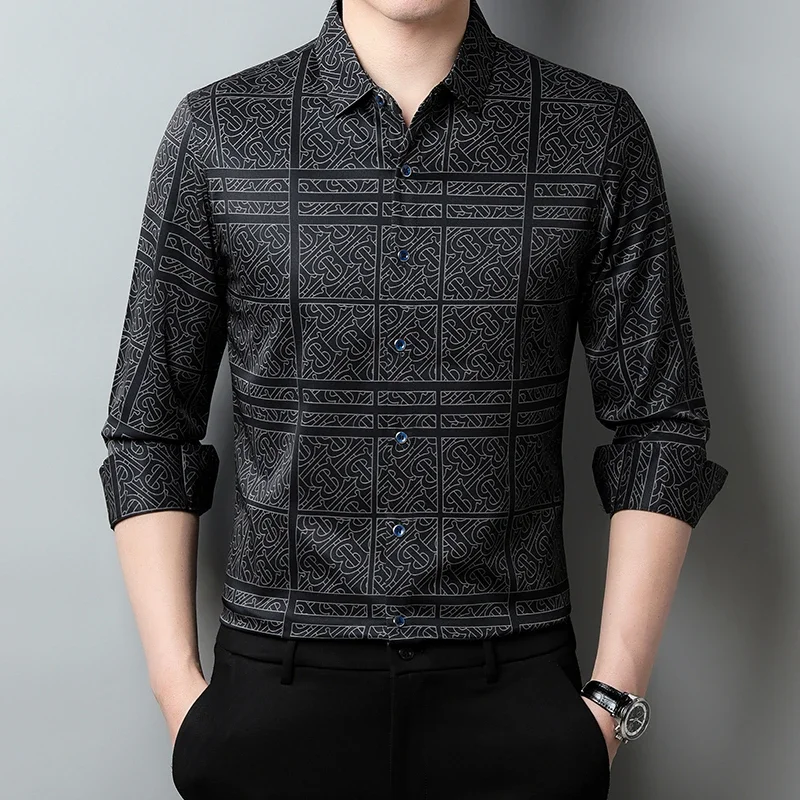 New Men\'s Casual Printed Long Sleeved Lapel Shirt for Spring and Autumn Fashion Comfortable Wrinkle Free Top Without Ironing