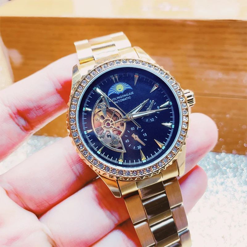 High-End Luxury Men's Automatic Mechanical Watch—Stainless Steel Strap, Diamond-Encrusted Bezel, Skeleton Dial, Luminous Hands, Decorative Sub-Dial, Waterproof Business Wristwatch, Ideal Gift for Husband