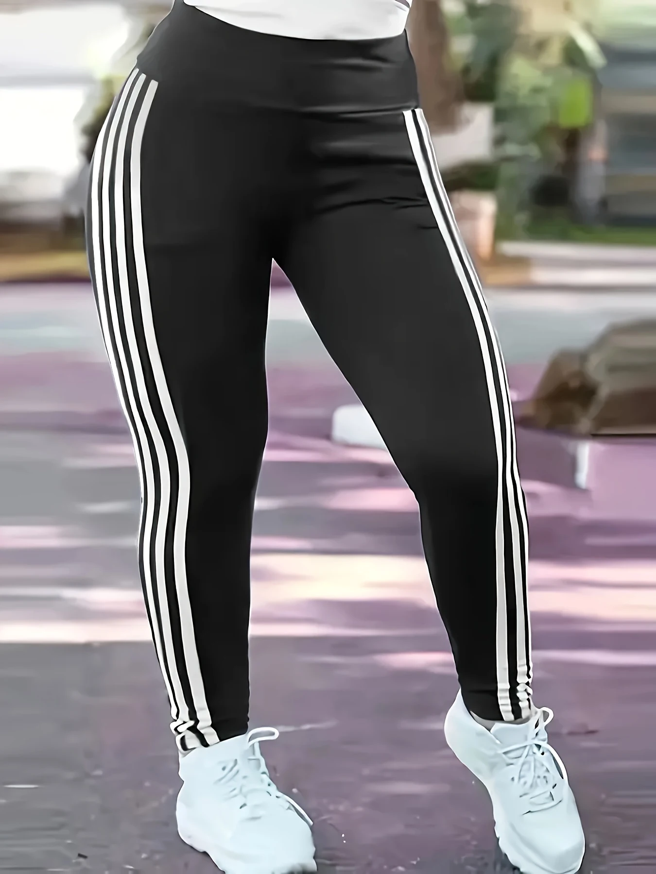 Mujeres 1XL-5XL Tallas grandes Moda Leggings a rayas Pantalones Señoras Casual Slim Pantalones deportivos Pantalones para correr