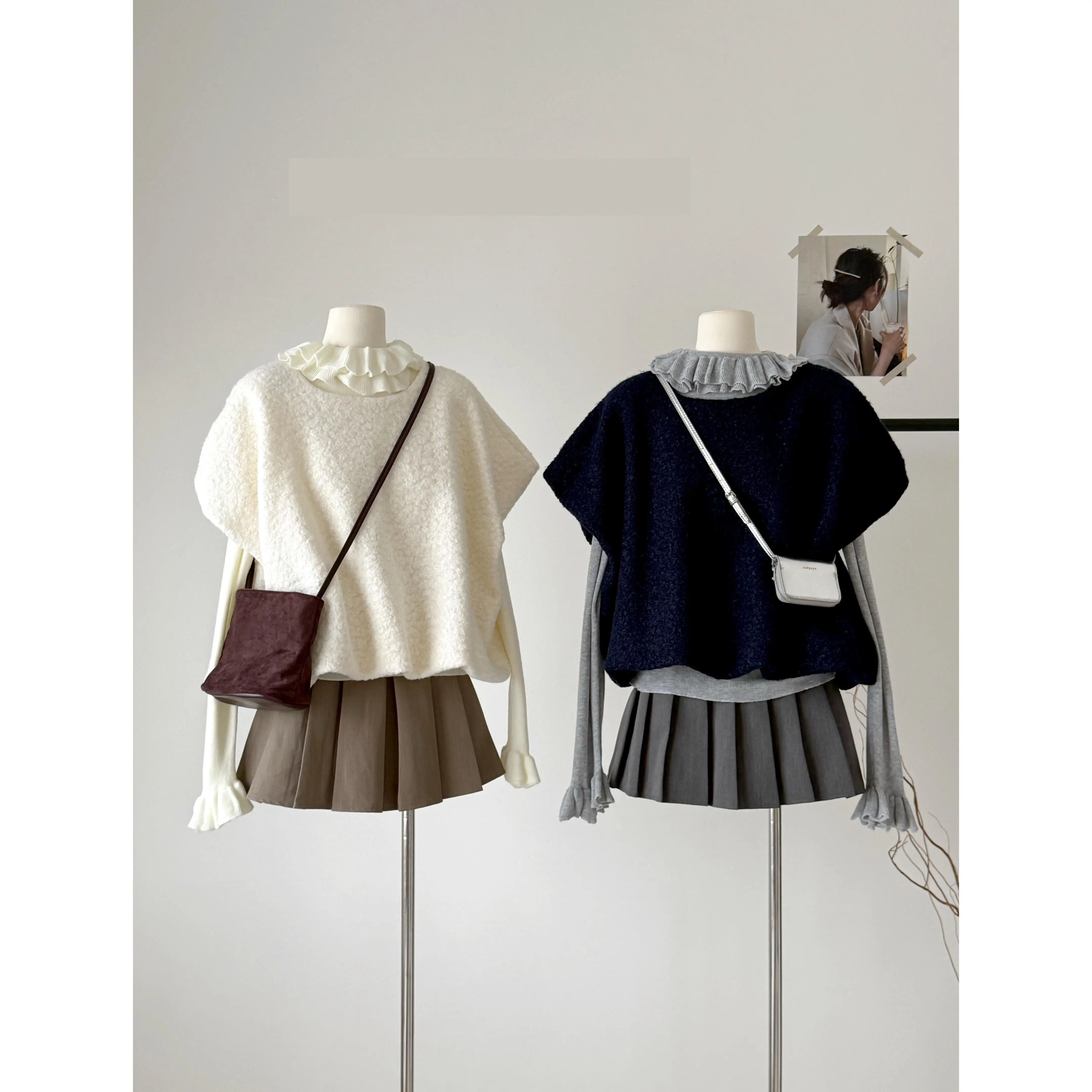 

Женский весенне-осенний комплект из двух предметов, женский шерстяной топ с круглым вырезом, пышный жилет + базовый топ с рюшами и круглым вырезом с длинными рукавами