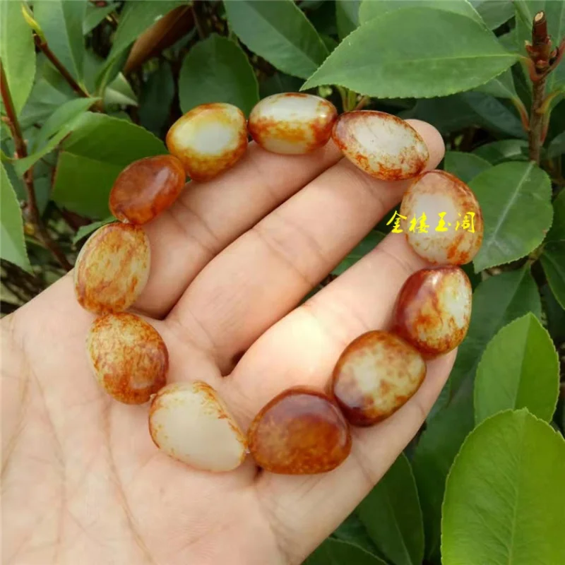 and Refined Hetian Jujube Red Color Jade Pebble Rough Stone Bracelet