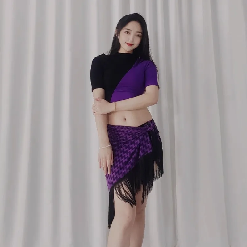 Customized Belly Dance Costumes Practice Outfit Black Purple Color Blocked Top Practicing Modal Wavy Triangle Tassel Hip Scarf