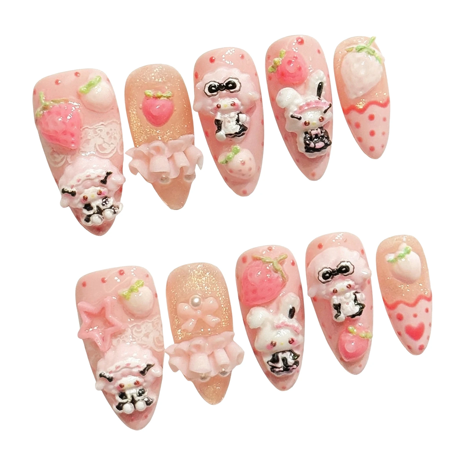 3D Sweet Bunny Erdbeer-Deko-Kunstnägel, 10 Stück, handgefertigt, rosa, mandelförmig, künstliche Nagelspitzen für Frauen, abnehmbar, tragbar, zum Aufdrücken auf die Nägel – Detail 9