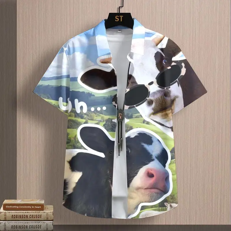 Kawaii Unisex Shirt Anime Cow Pattern Shirts For Men Summer Casual Short Sleeved Tops Oversized T-Shirt Button Up Collar Blouse