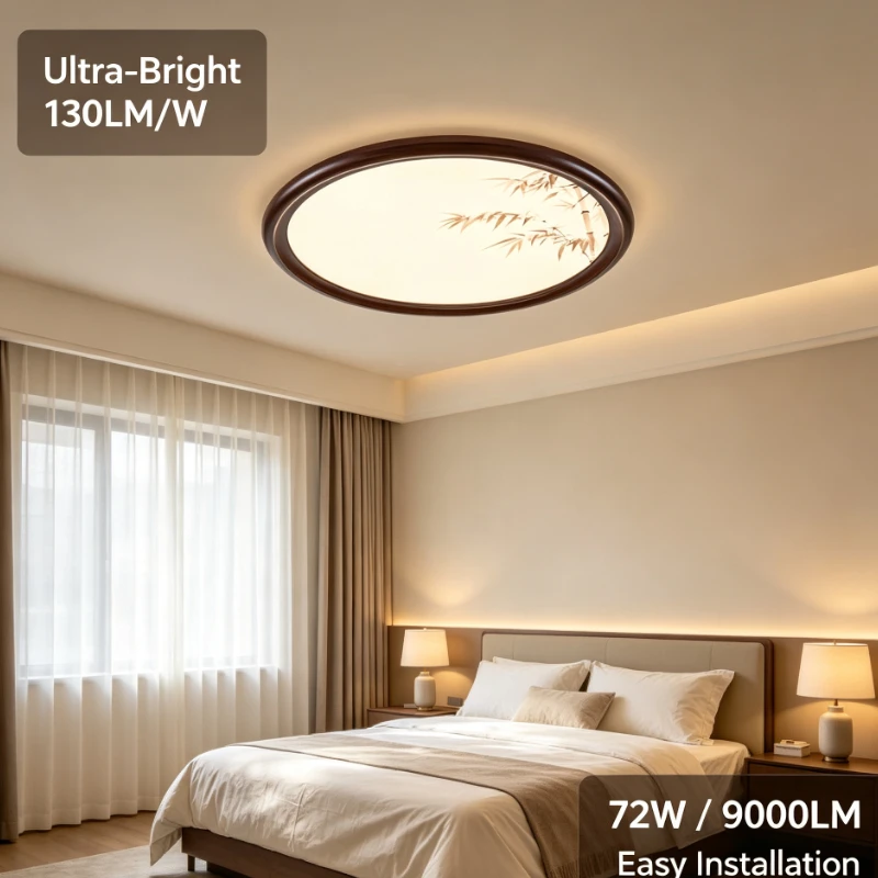 Round Led Ceiling Lamp With Ink Bamboo Pattern And Walnut Wood Frame For Living Room Bedroom Use