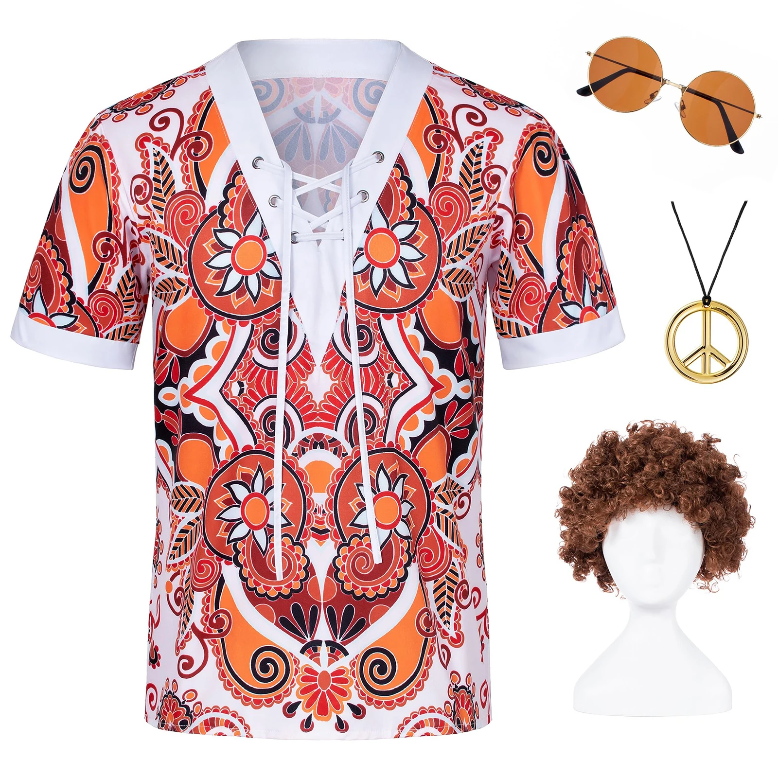 60s 70s Hippie Costume For Men Drawstring Printing T-shirt Cosplay Outfit Wig Glasses Peace Sign Necklace Set