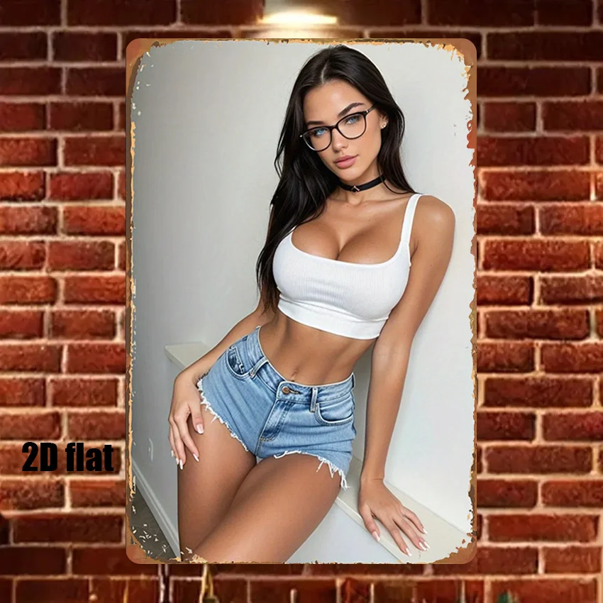 Retro-Brunette in weißem Crop-Top und Jeans-Shorts, Metallblechschild