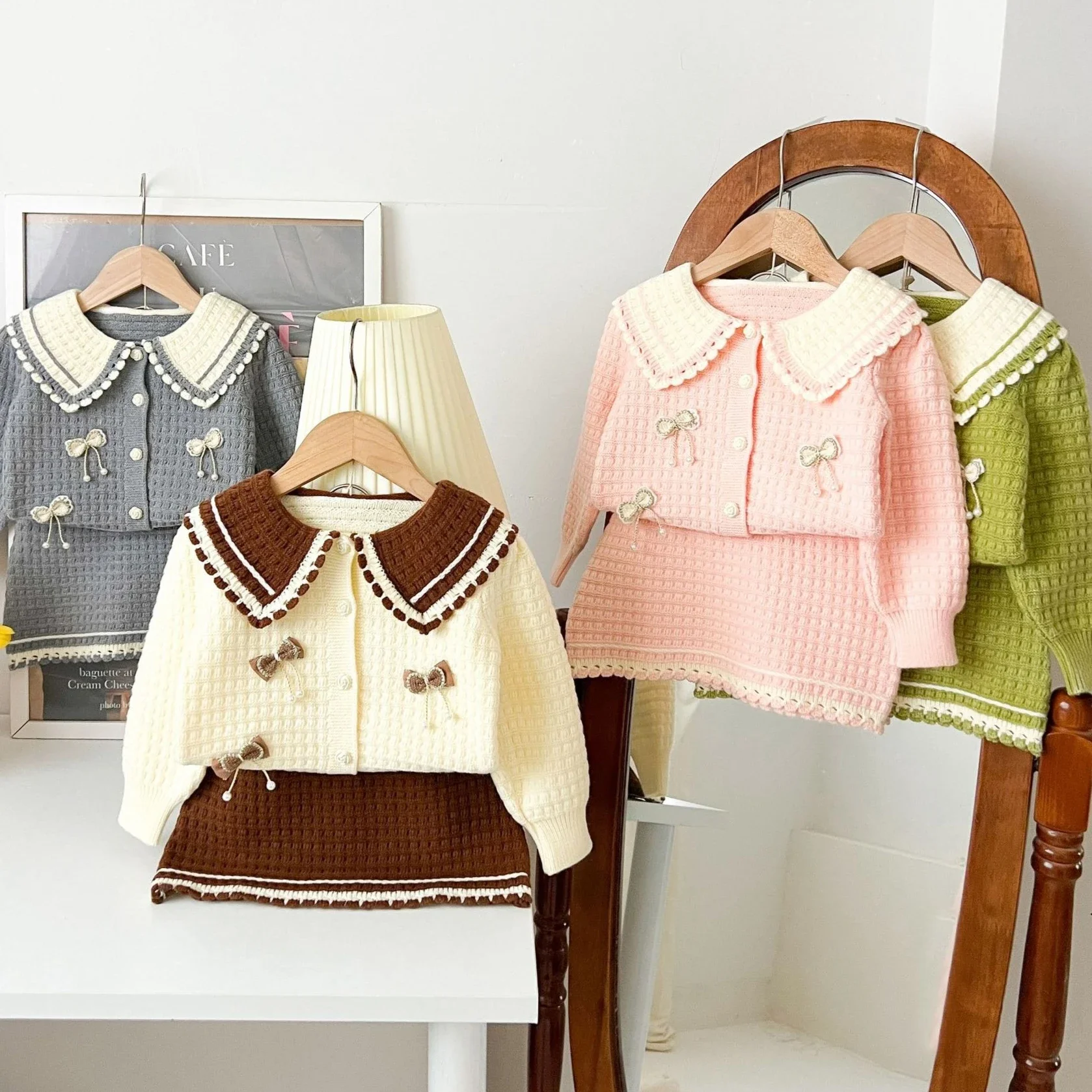 Girl Suit 2026 Spring And Autumn New Childrens Clothing Girl Baby Foreign Style Lapel Bow Cardigan Wrap Hip Skirt Two Sets