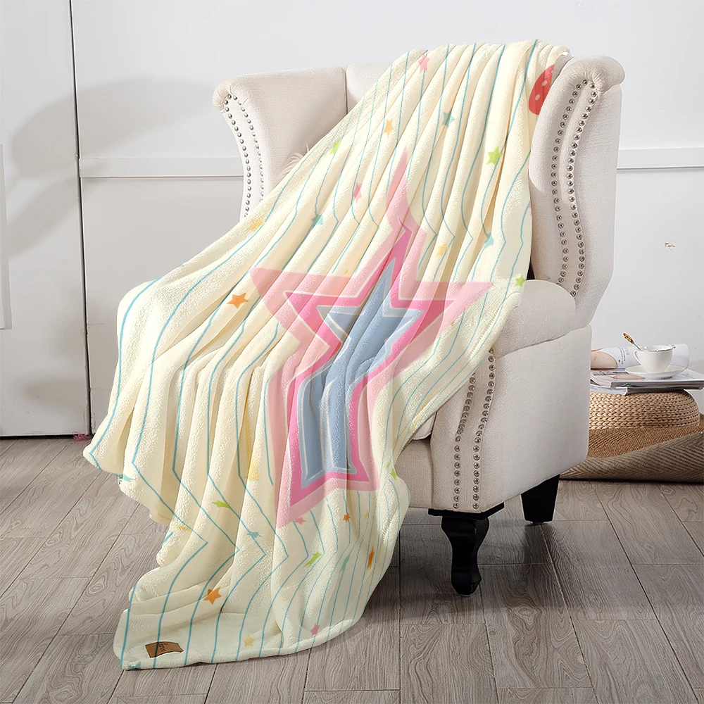 Cream Stripes Big Pink Star Super Soft Flannel Blanket Fuzzy Warm Throw Blanket for Bed Couch Cozy Plush Bed Cover All Season