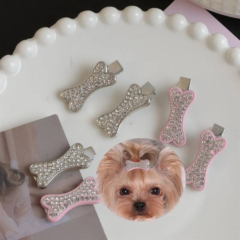 New Bone Shape Dog Hair Clips Pet Crystal Rhinestone Barrette Clips for Dog Puppy Cat Pet Grooming Hair Accessories for Pet Girl