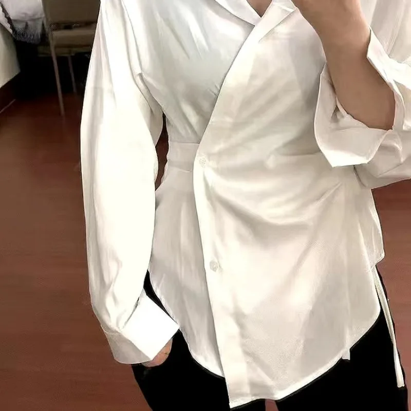 2024 New French White Satin Shirt Women\'s Spring Autumn Light Mature Wind Temperament Sunscreen Shirt Fishbone Drawstring Top