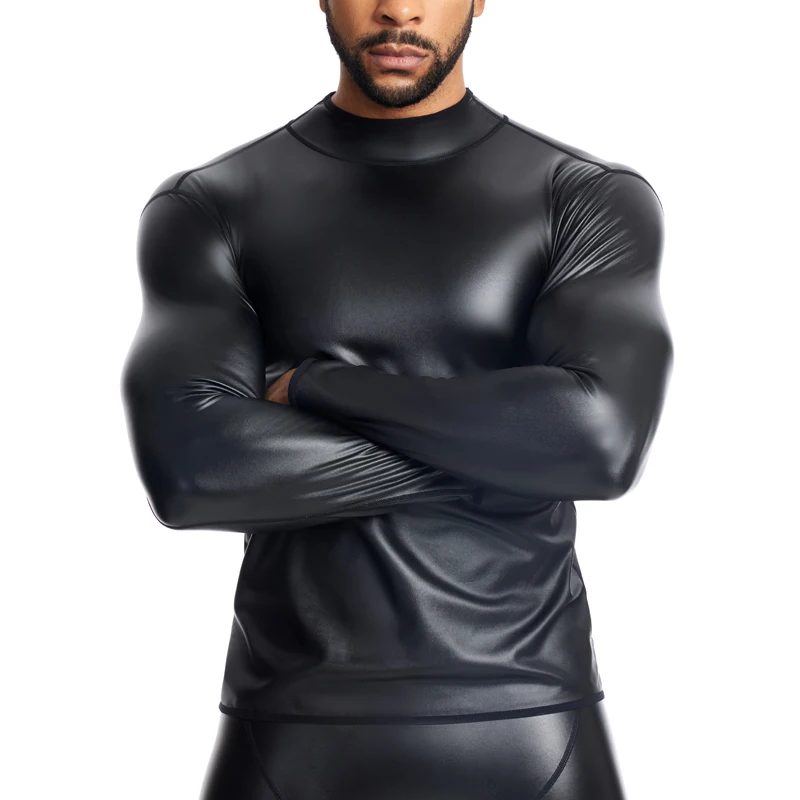 New Men Stand collar Long Sleeve Leather TShirt Slim Underwear Body Shapers Waist Trainer Corsets Tummy Shapewear Leather Shirts