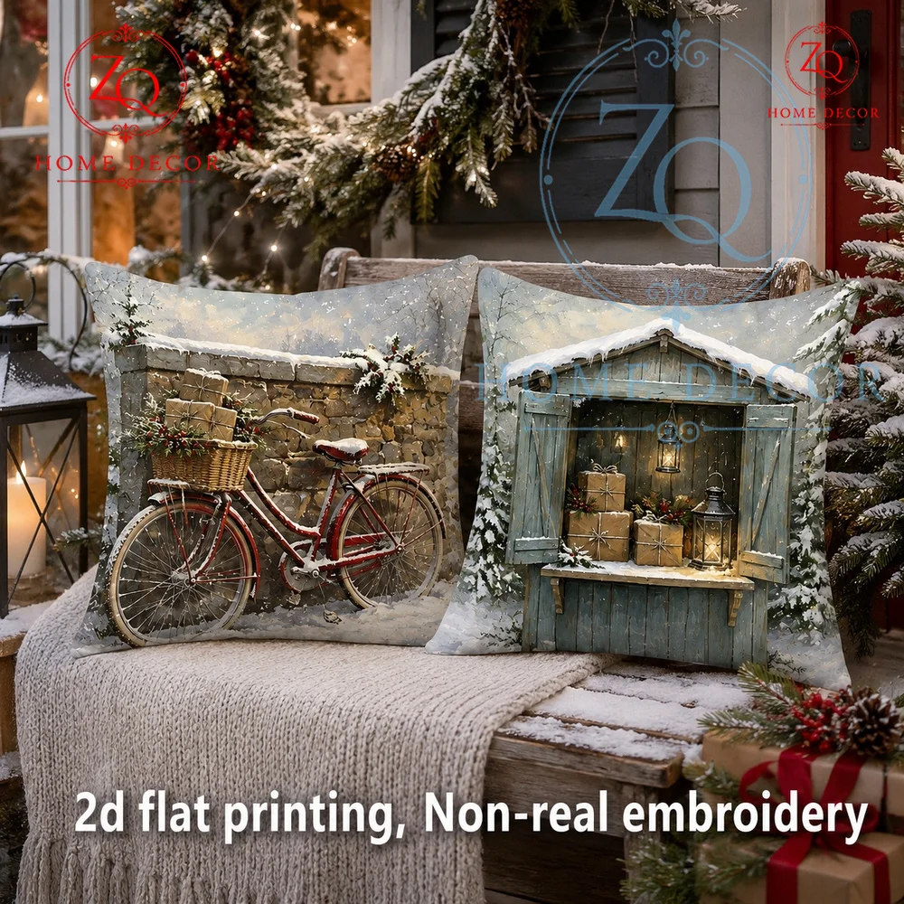 Vintage Winter Cottage Christmas Throw Pillow Cover Rustic Red Bicycle Snowy Scene Farmhouse Decorative Cushion Case   Couch