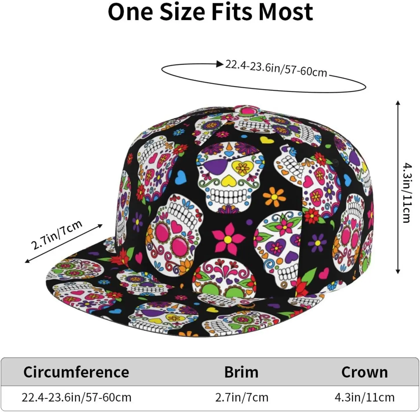 Colorful Sugar Skulls Baseball Cap for Men Women Classic Snapback Hat Hip Hop Style Flat Bill Brim Adjustable Visor Beach Tru