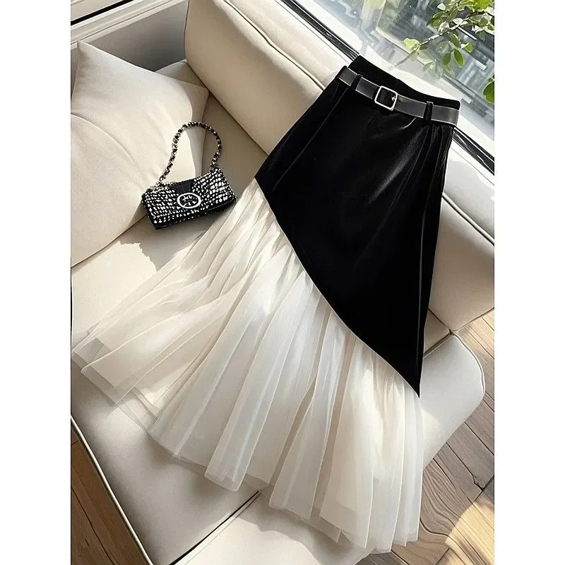 

Женская одежда, весенне-осенняя простая трендовая газовая сетка в стиле пэчворк, плиссированная цветная юбка трапециевидной формы с высокой талией, женская универсальная юбка