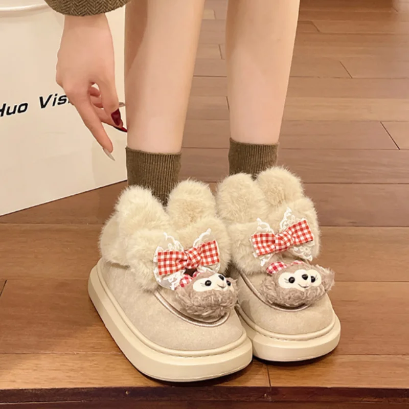 Sepatu wanita musim dingin, sepatu wanita rumah hangat imut, kartun, boneka, Platform, anti selip, sepatu katun mewah, pakaian luar ruangan, musim dingin, Disney, Shirley Rose