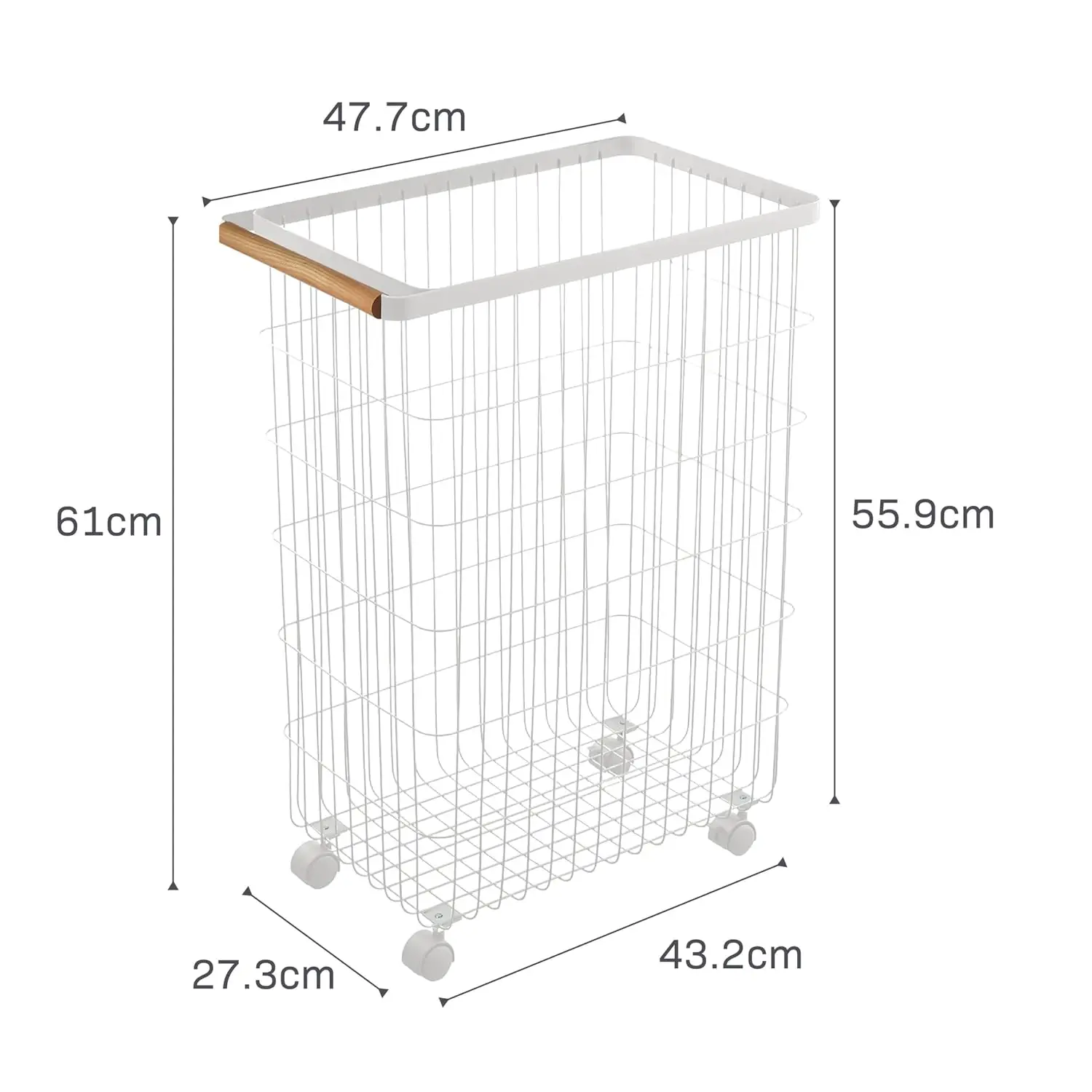 Home Wire Slim Saving Rolling Wheeled Clothing Hamper | Steel + Wood | Laundry Basket, One Size, White