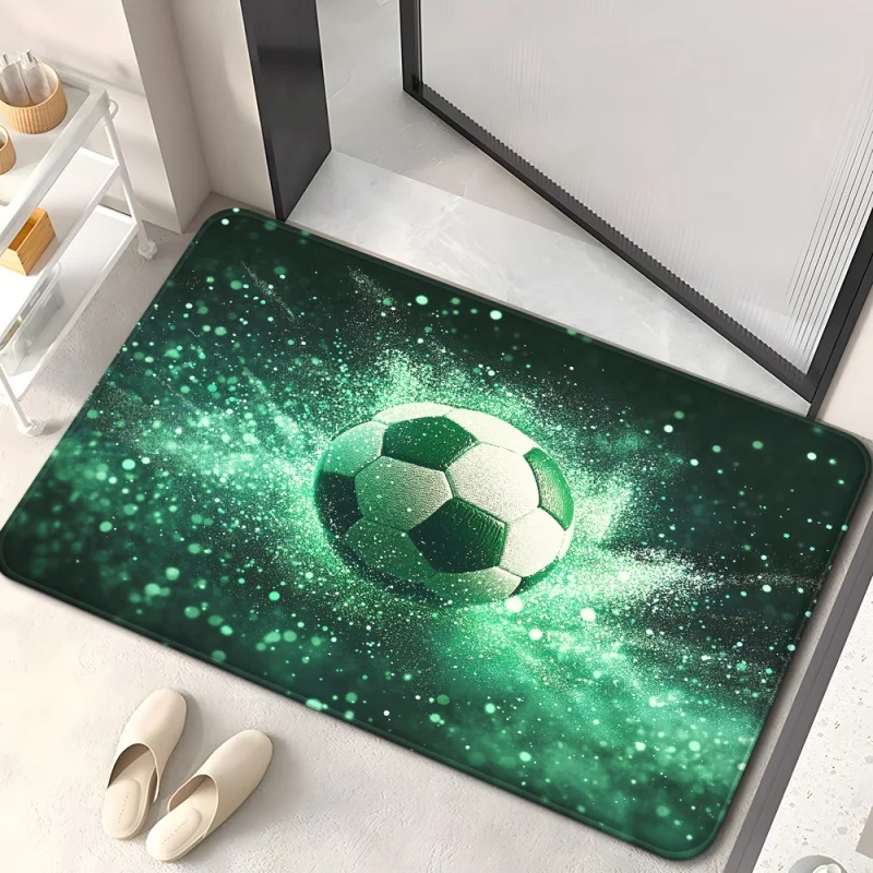 Glitter Green Sparkle Soccer Ball Dark Background Print Soft Flannel Non Slip Door Mat Sports Fan Doormat for Front Entry Decor