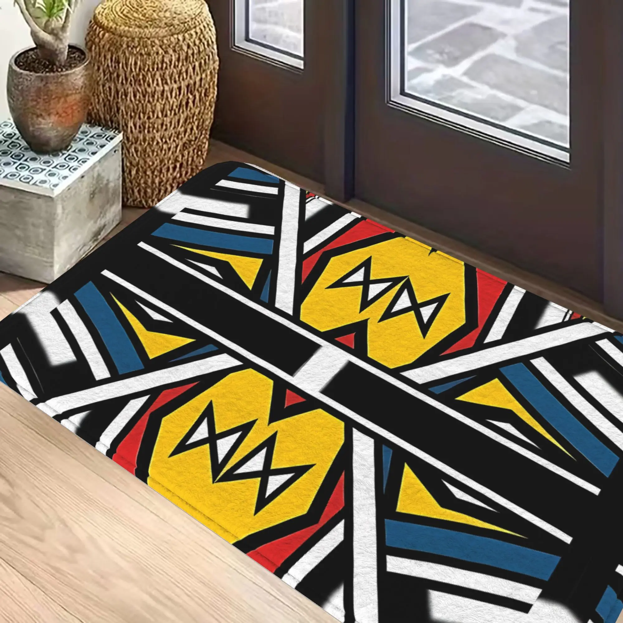 Abstract geometric pattern door mat yellow red blue black and white contrast color design non-slip mat machine washable