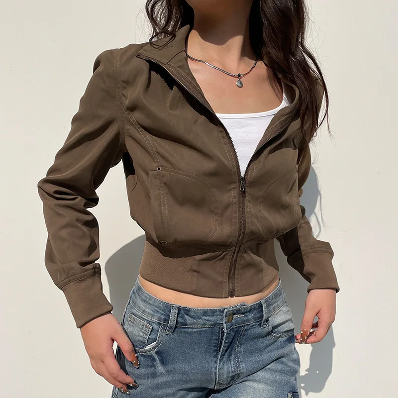 Chaquetas recortadas Vintage para mujer, abrigo informal ajustado con cremallera Harajuku, ropa de calle Y2K, prendas de vestir exteriores de manga larga para otoño