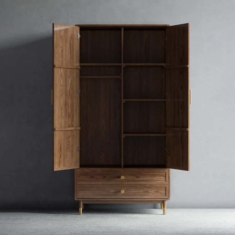 غرفة نوم يابانية شمالية قابلة للتخصيص، خشب متين، بابين، أثاث خزانة ملابس صيني من خشب الجوز