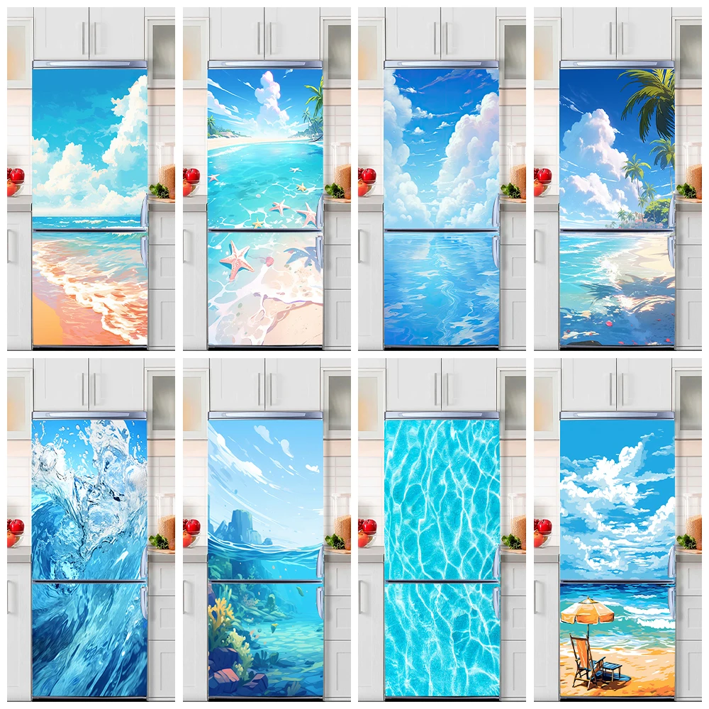 

Cartoon Seaside Beach Refrigerator Door Sticker Watercolor Painting Sea Mural Decorative Fridge Door Art Decals for Living Room