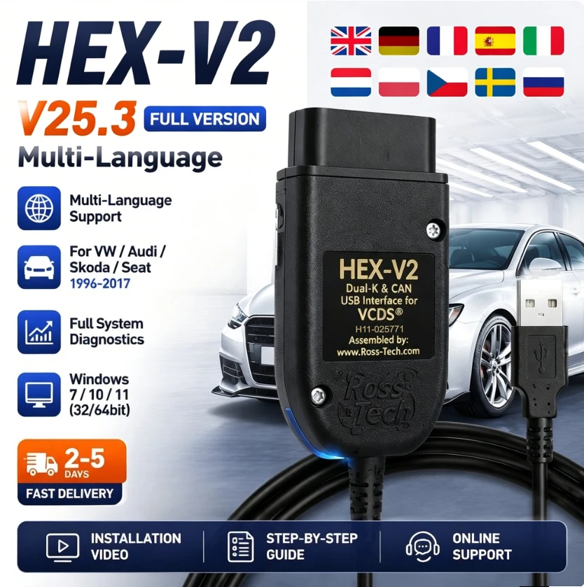Scanner VAG COM HEX-V2, dernier modèle V25.3, version multilingue, outil de diagnostic OBD2 VCDS, câble pour voitures Audi/Skoda/Volkswagen