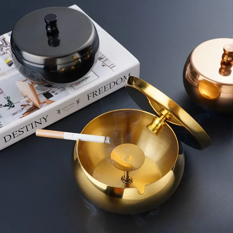 Gold Plated Desktop Ashtray with Lid Stainless Steel Smokelessl Ashtray European Office Ash Tray Smoking Accessories