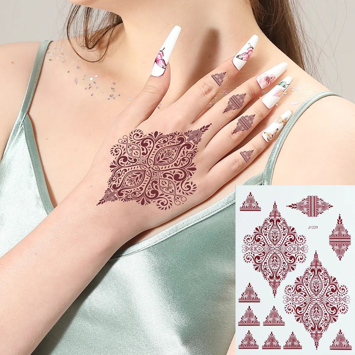 

Waterproof Henna Tattoo Sticker for Children Temporary Tattoos Small Size Mehndi Fake Tattoo for Hand Girl Body Art Brown Henna