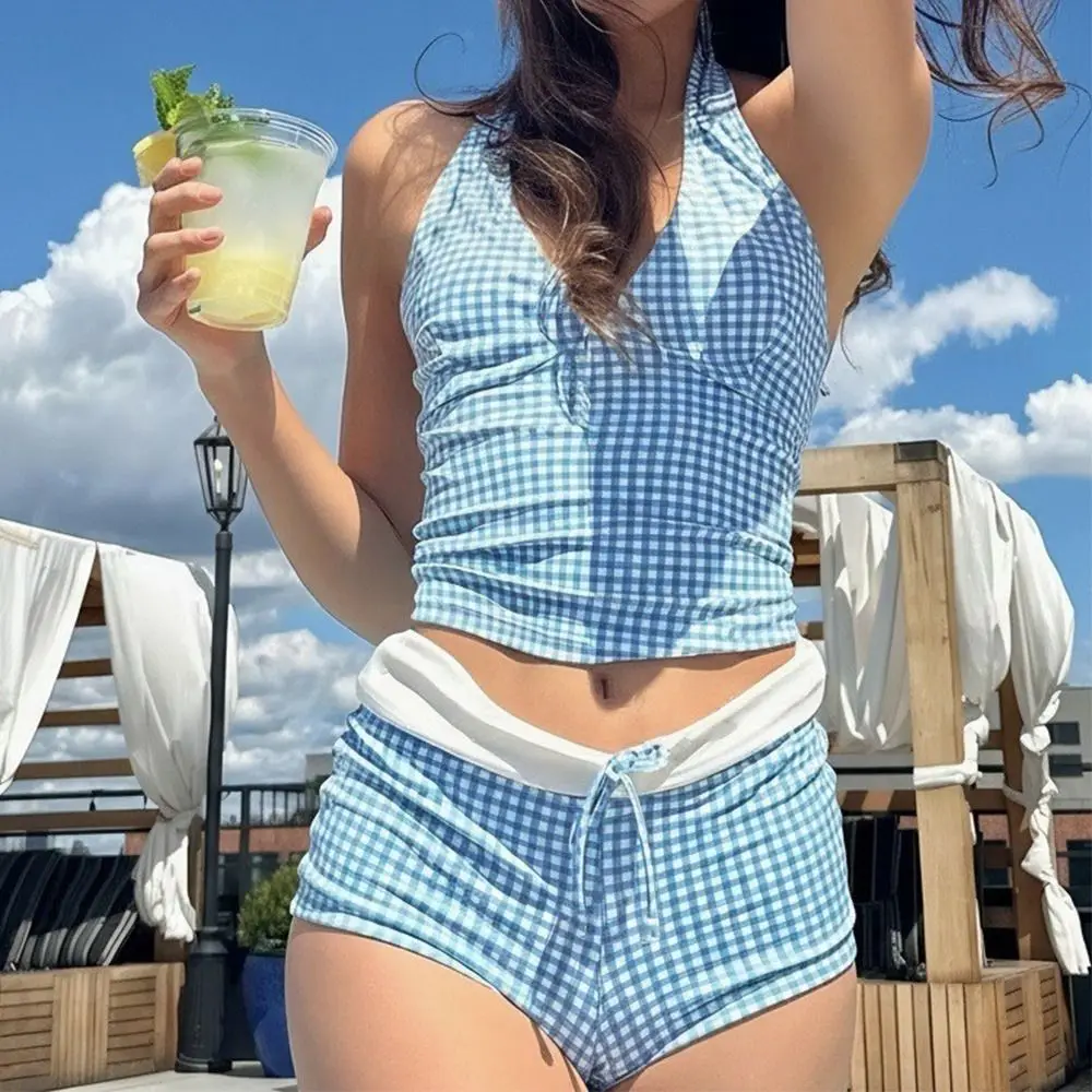 2Pcs/Set Fashion Summer Bikini Set Push Up Deep V Neck Beach Bikini Bathing Suit Checkered Women Swimsuit Vacation