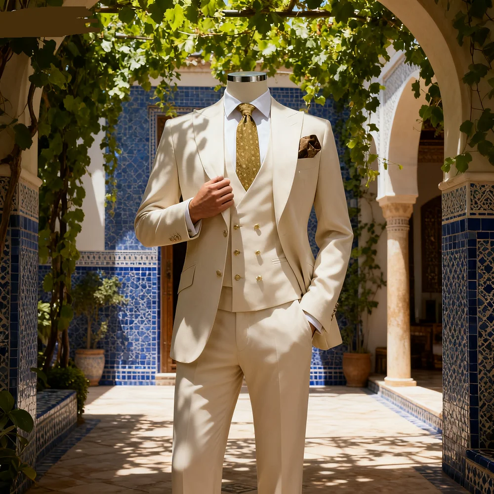 

Men's Slim Fit Prom Tuxedo 3-Piece Set with Peak Lapel Blazer Vest Pants - Wedding Groom Business Formal Party Costume Homme