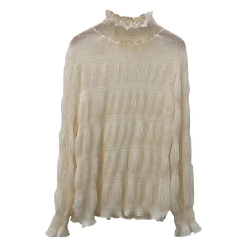 قميص داخلي نسائي أنيق بقاعدة دانتيل بيضاء، موضة الخريف، ياقة نصف عالية، مقاسات كبيرة، تصميم حلو وفضفاض بأكمام طويلة