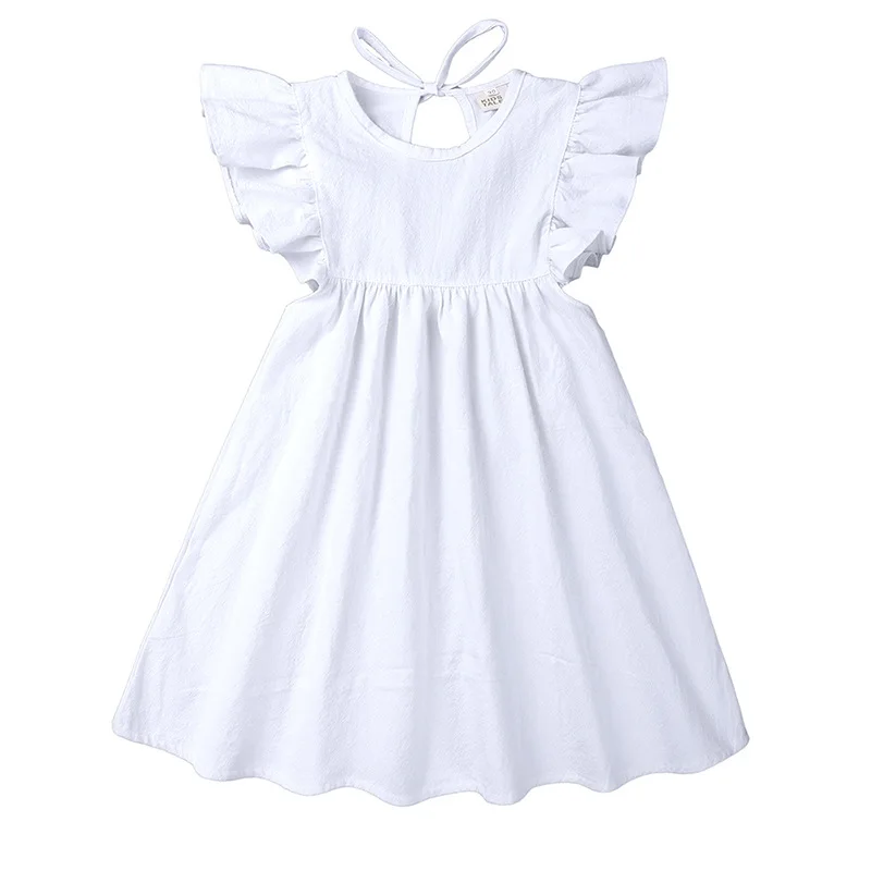 2024 Summer Baby Girls Linen Cotton Fly Sleeves Flower Border Casual Princess Dress For 1-7Years Kids Solid Color Strappy Dress