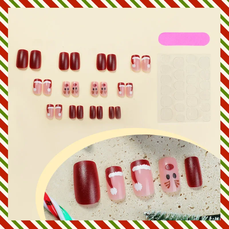 24 stks Kerst Vierkant Op Nagels Valse Nai Leuke Rendier Rode Kunstnagels met Afneembare Kerstmuts Nail Art Stickers voor Vrouwen