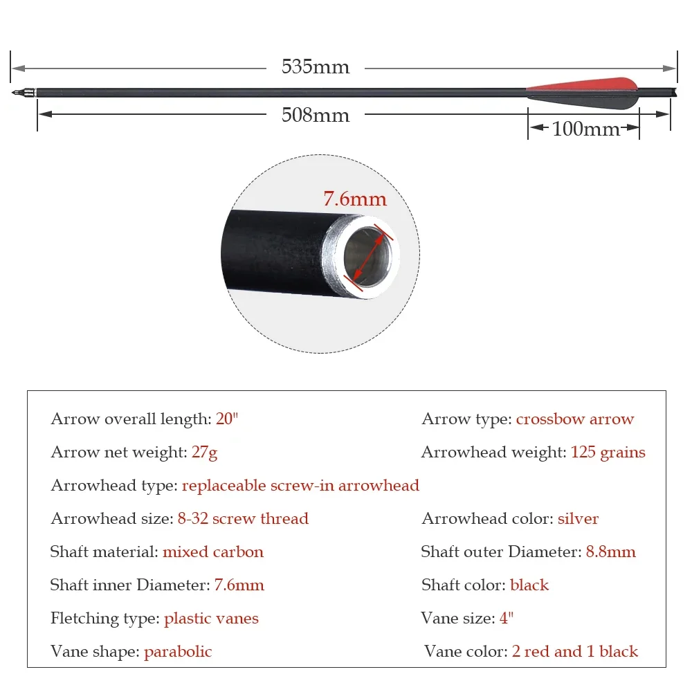 6/12/24pcs 20 Inch Carbon Crossbow Arrow Archery Arrows with 4\