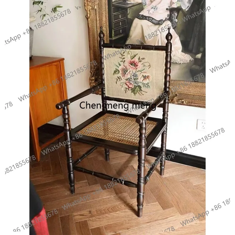 

French American solid wood vintage used dining chair vintage embroidered lounge dining chair balcony rattan