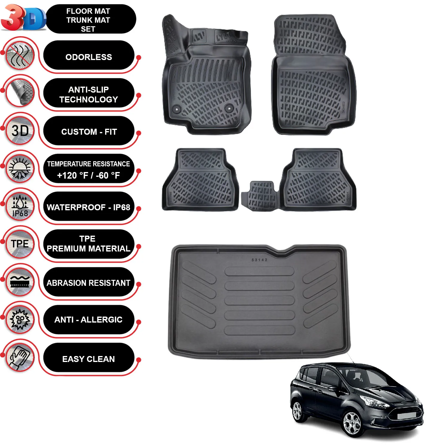 Ford B-Max - (2012-2022) - Floor Mats + Cargo Trunk Liner - SET - (Black)