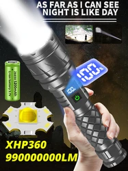 Linterna LED potente XHP360, luz potente con Zoom de 500W, 9990000000LM, entrada/salida al aire libre, cabeza de ataque, pantalla de alta potencia