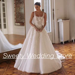 Wedding Dress Vestido De Noiva Sexy Sqaure Neck Sleeveless Flower Applique Open Back Sweep Train A Line Bridal Gown Bride