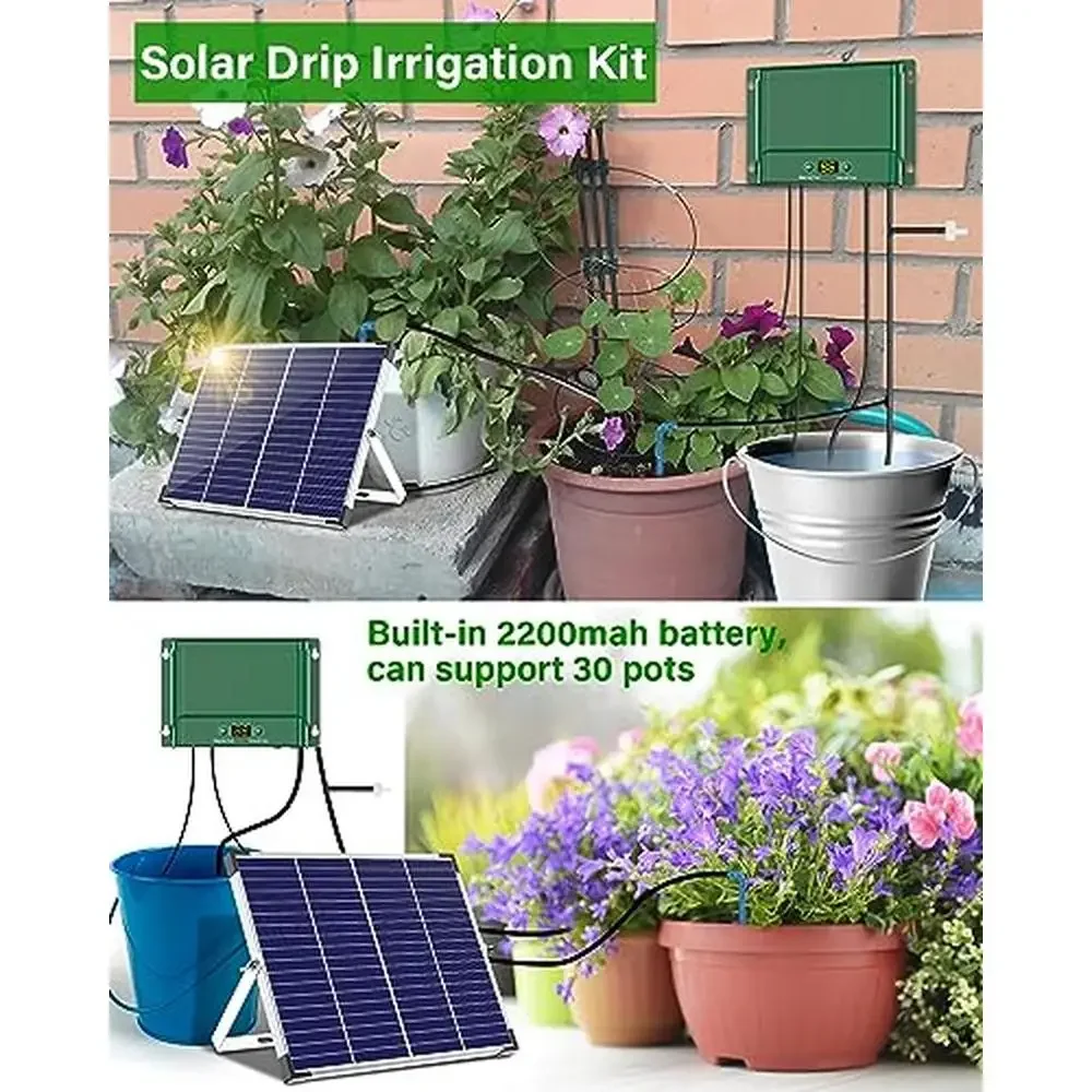 Solar Powered Drip Irrigation System 30 Plants Watering Kit Timer Alarm