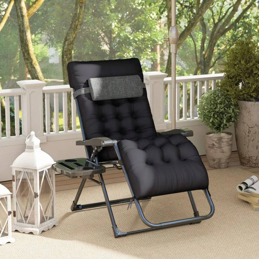 Padded Zero Gravity Chair Folding Recliner with Cup Holder Cushion Lounge Outdoor Patio Yard Camping Beach Portable Adjustable Locking Support Black