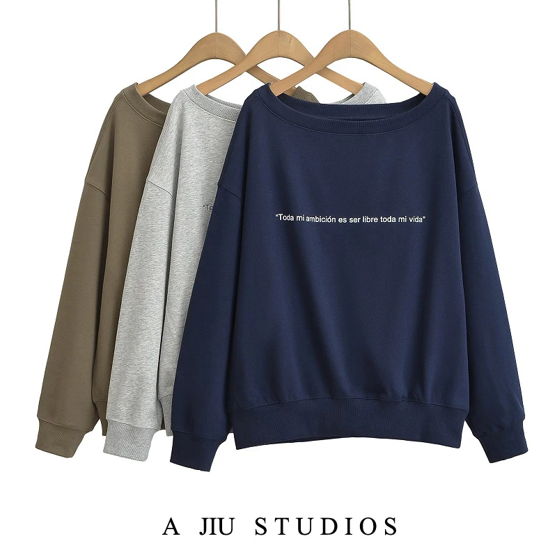 レトロアメリカンロングスリーブオフショルダースウェットシャツレディース春秋レイジースリーブルーズデザインセンストップストリートウェア