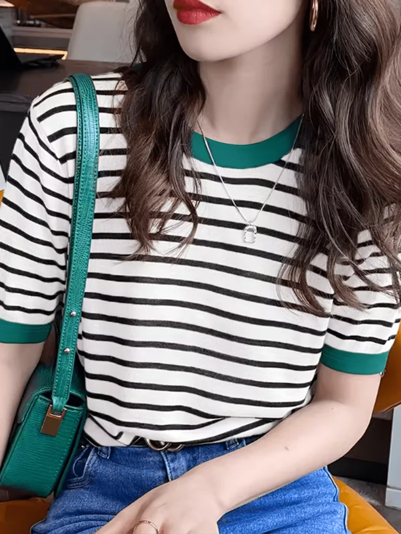 Women's Classic Black And White Striped Top with Contrasting Green Border round Neck Short Sleeved Casual Commuting Daily Wear