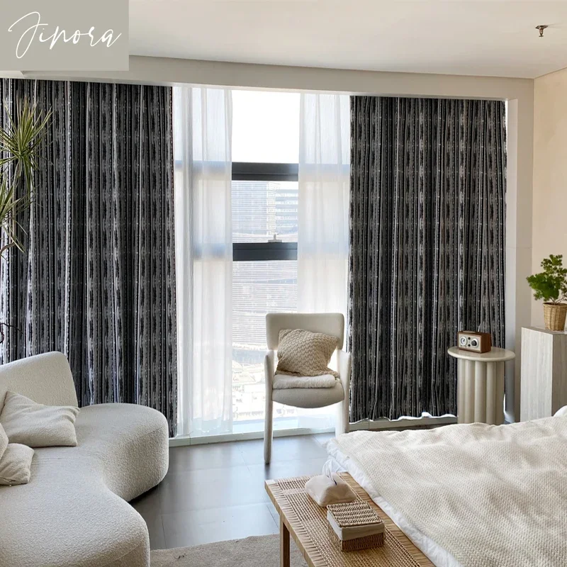 

Fashion Chenille Black and White Curtains for Living Room Bedroom Japanese Style Thickened Blackout Curtains Custom Size