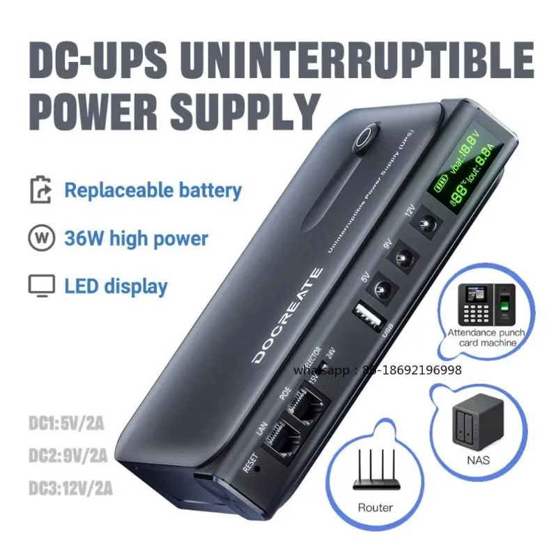 DC UPS Uninterruptible Power Supply System 5V-24V Output 4x18650 Replaceable Battery for Router NAS Modem and Security Monitor