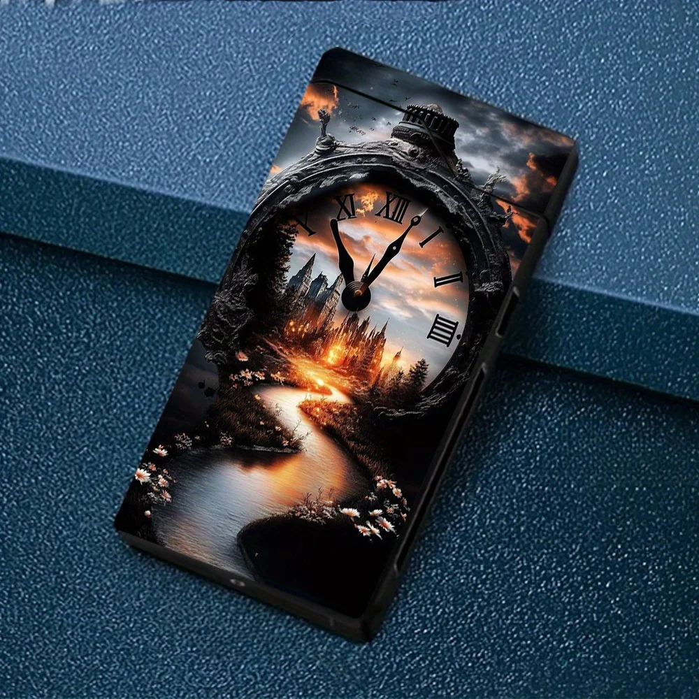 1 Piece Windproof Arc Lighter Zinc Alloy Vintage Clock Dream Landscape Print Electronic Lighter Type C Charging Dual Arc Power Display Metal Shell Outdoor Survival High Altitude Gift Box Packaging for Men
